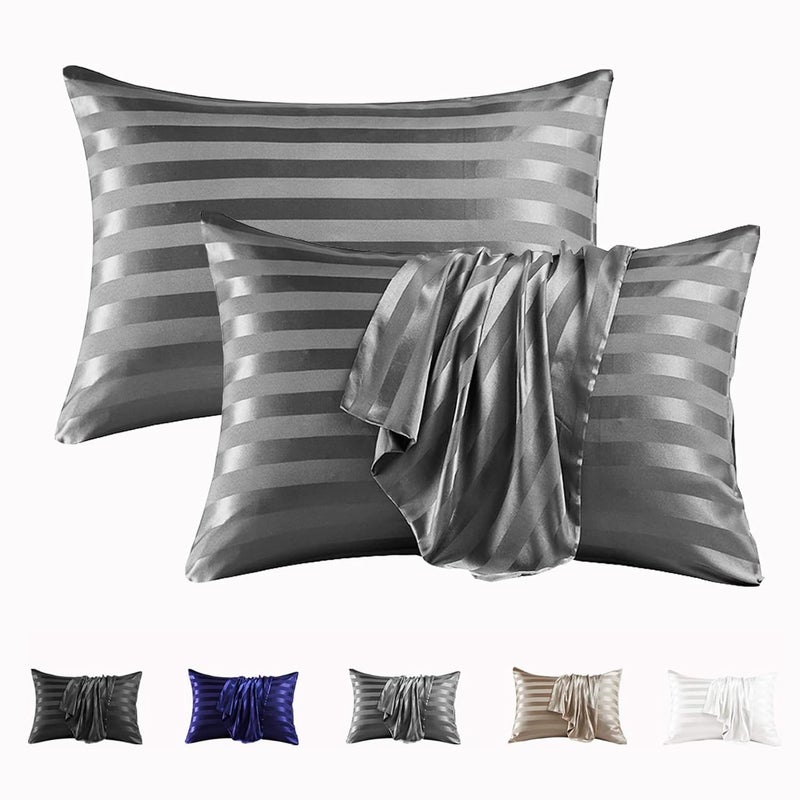 MR&HM Satin Pillowcase for Hair and Skin, Silk Satin Pillowcase 2 Pack, King Size Pillow Cases Set of 2, Silky Pillow Cover with Envelope Closure (20x40, Dark Grey Striped) - Image 1